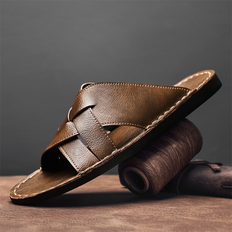 Mens Fashion Zapatos - Modne męskie klapki z prawdziwej skóry,