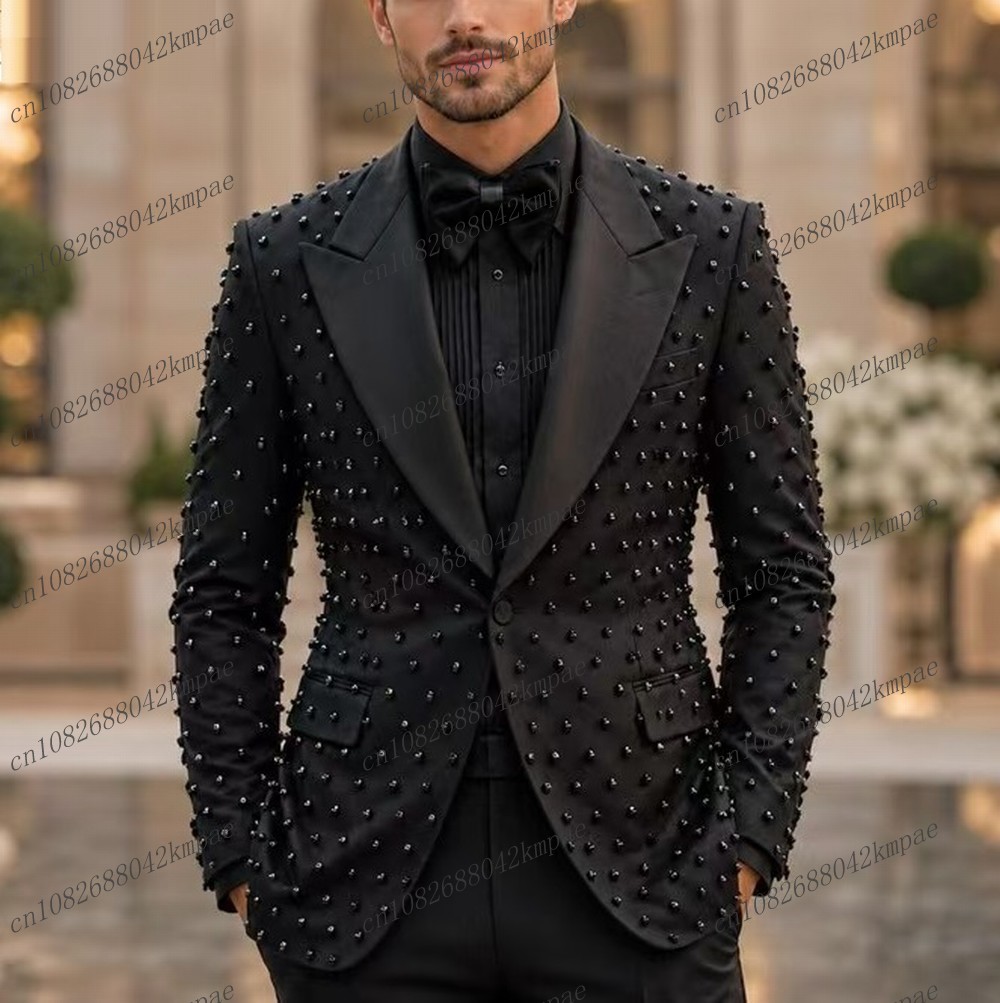 Mens Fashion Blazer - Elegancki czarny męski garnitur z perełkami